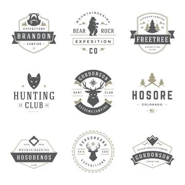Camping logos templates vector design elements and silhouettes set Illustrazione stock