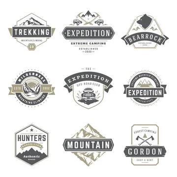 Camping logos templates vector design elements and silhouettes set Stock Illustration