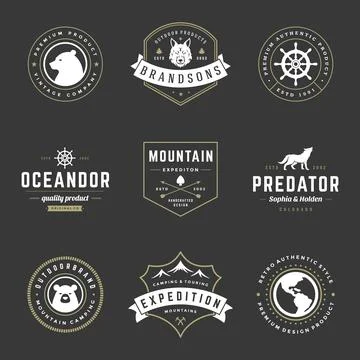 Camping logos templates vector design elements and silhouettes set 스톡 일러스트