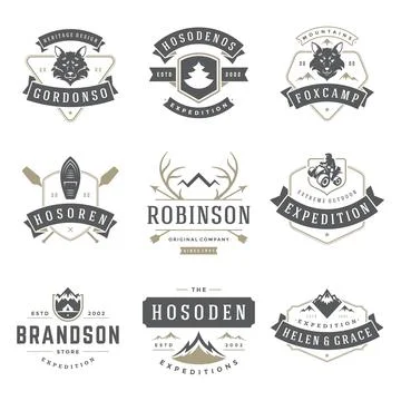 Camping logos templates vector design elements and silhouettes set Illustrazione stock