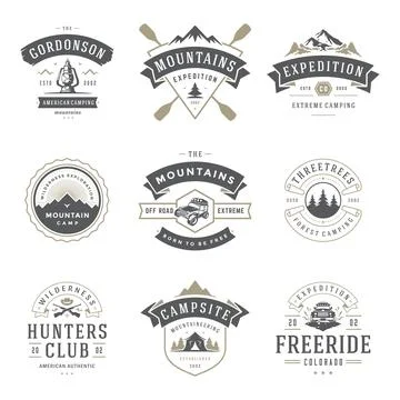 Camping logos templates vector design elements and silhouettes set Stock Illustration