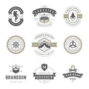Camping logos templates vector design elements and silhouettes set Illustrazione stock