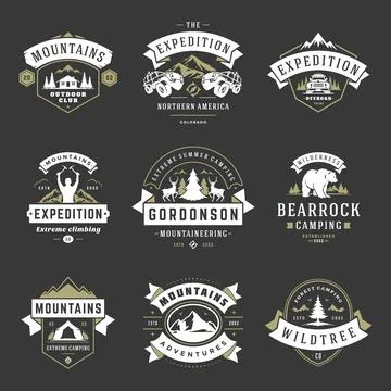 Camping logos templates vector design elements and silhouettes set Stock Illustration