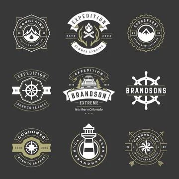 Camping logos templates vector design elements and silhouettes set Illustrazione stock