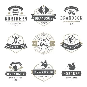 Camping logos templates vector design elements and silhouettes set Illustrazione stock