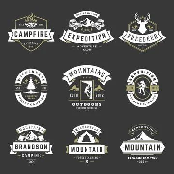 Camping logos templates vector design elements and silhouettes set Stock Illustration