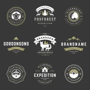 Camping logos templates vector design elements and silhouettes set Illustrazione stock