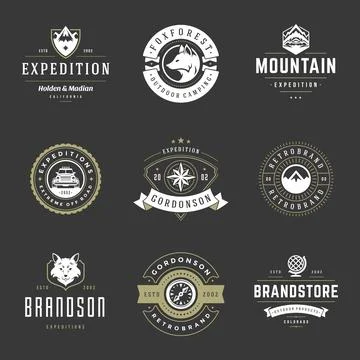 Camping logos templates vector design elements and silhouettes set Illustrazione stock