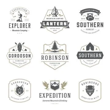 Camping logos templates vector design elements and silhouettes set Stock Illustration