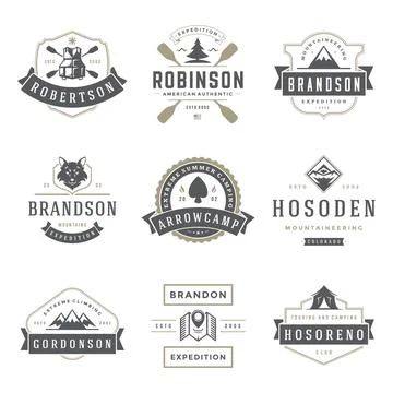 Camping logos templates vector design elements and silhouettes set Stock Illustration