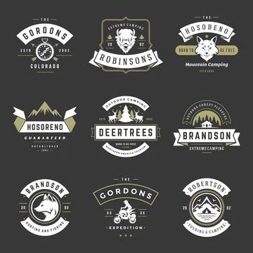 Camping logos templates vector design elements and silhouettes set Illustrazione stock
