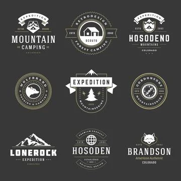 Camping logos templates vector design elements and silhouettes set Illustrazione stock