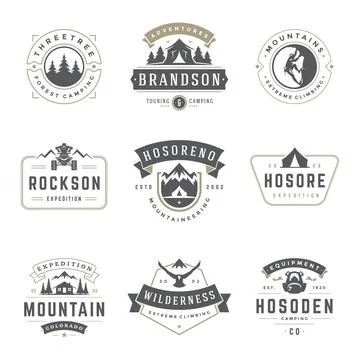 Camping logos templates vector design elements and silhouettes set Stock Illustration