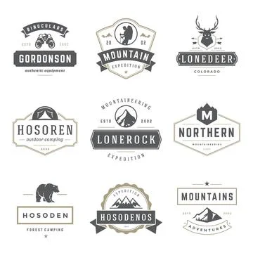 Camping logos templates vector design elements and silhouettes set Illustrazione stock