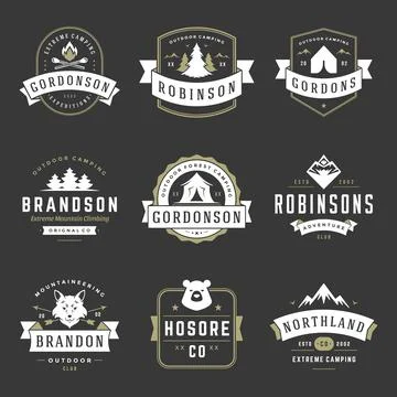Camping logos templates vector design elements and silhouettes set 스톡 일러스트