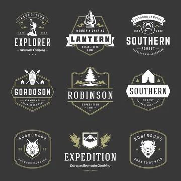 Camping logos templates vector design elements and silhouettes set 스톡 일러스트
