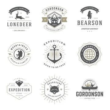 Camping logos templates vector design elements and silhouettes set 库存插图