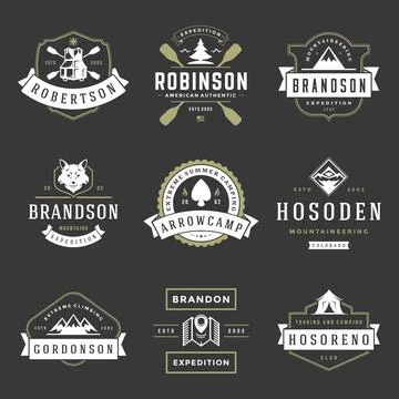 Camping logos templates vector design elements and silhouettes set イラスト素材