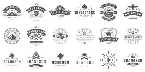 Camping logos templates vector design elements and silhouettes set Illustrazione stock