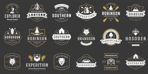 Camping logos templates vector design elements and silhouettes set イラスト素材