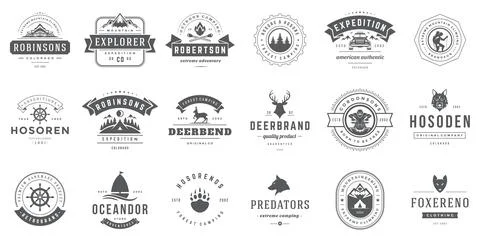 Camping logos templates vector design elements and silhouettes set 스톡 일러스트