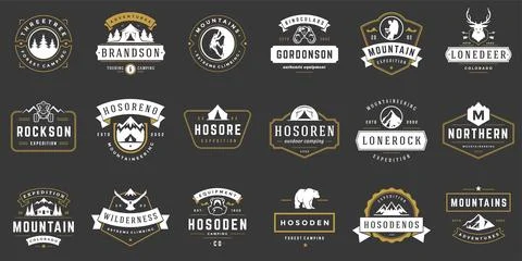 Camping logos templates vector design elements and silhouettes set Stock Illustration