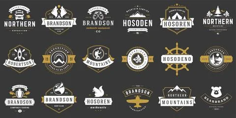 Camping logos templates vector design elements and silhouettes set Illustrazione stock