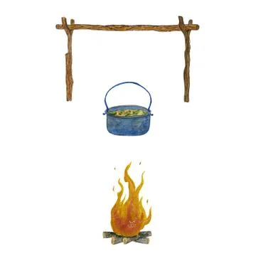 Camping lunch by the fire set. Stock Illustration