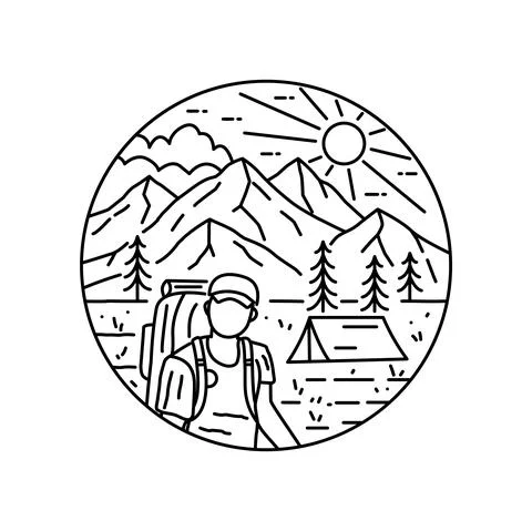 Camping man in a mountainous forest in mono line art Stock Illustration