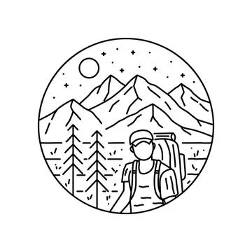 Camping man in a mountainous forest in mono line art Stock Illustration