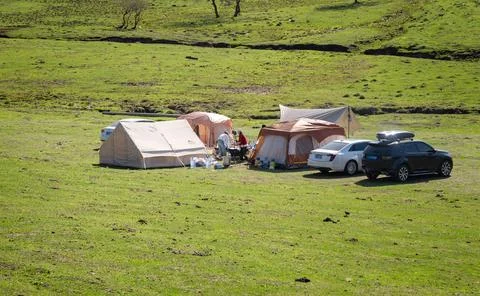 Camping on the meadow Stock Photos