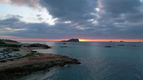 Camping Mobile Sunset cala comte beach, ibiza Wonderful aerial view flight drone Video stock 274765470