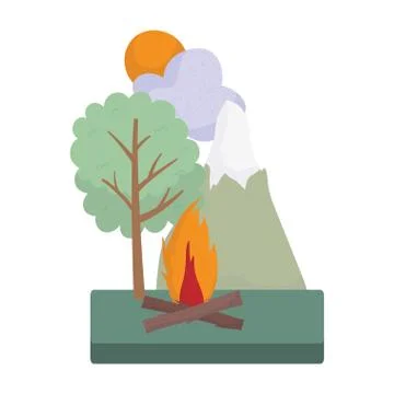 Camping mountain bonfire trees forest sun clouds cartoon Stock Illustration
