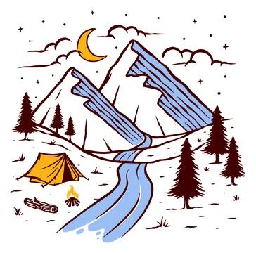 Camping on the mountain vector illustration hand drawn Stock Illustration