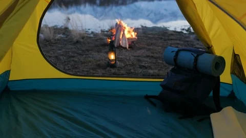 Camping In The Mountains, Camp Fire and Tent at Sunset 20s 4k Stock Footage 75791528