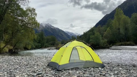 Camping in mountains of North Caucasus in fall season, Arkhyz, Karachay Stock Footage 164762024