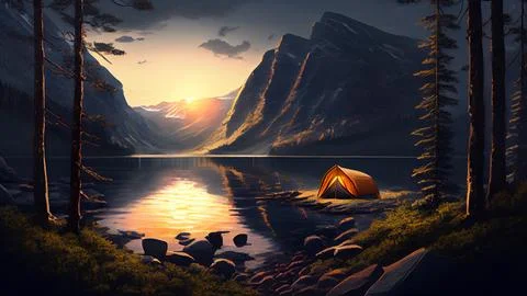Camping in the mountains at sunset. Computer digital drawing. Stock Illustration