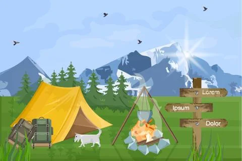 Camping in the mountains Vector flat style. Park nature outdoors backgrounds Ilustración de archivo
