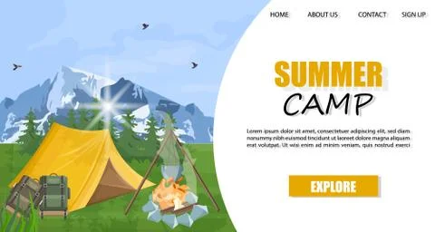 Camping in the mountains Vector template. Park nature outdoors backgrounds Ilustración de archivo