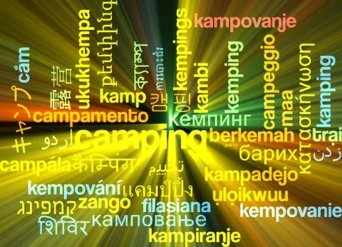 Camping multilanguage wordcloud background concept glowing Stock Illustration