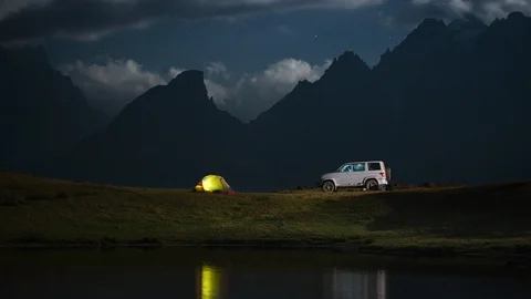 Camping at night with car. Stock Footage
