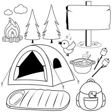 Camping objects and equipment collection. Vector black and white coloring page Stock Illustration