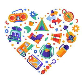 Camping objects seamless pattern of heart shape vector illustration Ilustração Stock