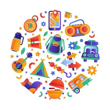 Camping objects seamless pattern of round shape vector illustration Illustrazione stock