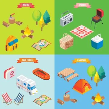 Camping objects in vector isometric style. Flat 3d isometric design. Family Stock Illustration