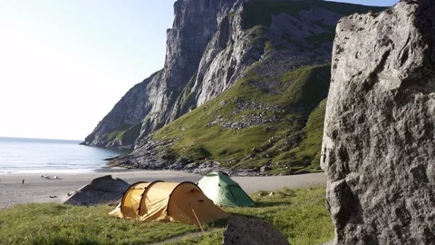 Camping on ocean shore. Lofoten archipelago Norway. Stock Footage 126148317