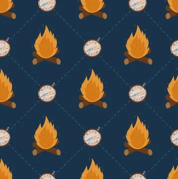 Camping outdoor activities vector seamless patterns. Compass and campfire. .. Stock Illustration