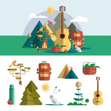 Camping outdoor design elements in flat style. Hiking travel concept with icons Stock Illustration