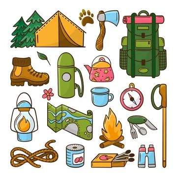 Camping outdoor elements. Isolated boot and tent in forest, metal mug and kettle Stock Illustration