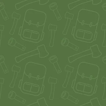 Camping outline pattern. Seamless ornament with with backpack, flashlight and Stock Illustration